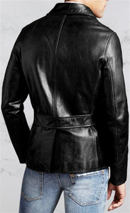 Men Black Leather Jacket Single Breasted Notched Collar Regular Fit Full Length Sleeve Windproof American Style Coat - Product Image 4