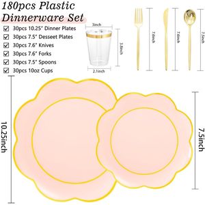 Ensemble de vaisselle jetable rose robuste de 180 pièces avec couverts dorés et argentés, vaisselle blanche et 30 décorations de table pour fêtes - Product Image 1