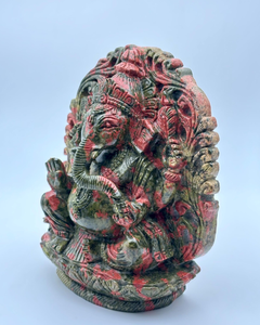 Estatua de Piedra Tallada a Mano del Dios Ganesha, Acabado Verde y Rojo Antiguo, Ídolo Hindú Decorativo para Templo, Sala de Pooja, Regalo - Product Image 2