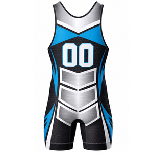 Combinaison de lutte sublimée noire et bleue pour hommes, sans manches, uniforme sportif en polyester, vêtements de lutte pour la compétition - Product Image 3