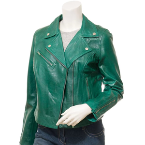 Women Genuine Leather Moto Jacket Green Full Sleeve <b>Stand</b> Collar Zipper Closure Autumn Style - Product Image 3