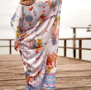 Robe longue tendance pour femme en coton, style kaftan, coupe trapèze, manches longues, imprimé floral bohème, écologique, idéale pour les vacances à la plage ou les resorts - Product Image 1