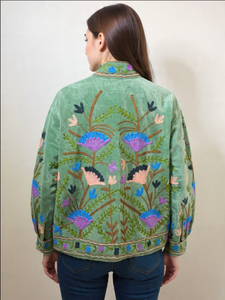 <b>Womens</b> Green Velvet Breathable Woven Floral <b>Embroidered</b> <b>Jacket</b> with Striped Lining Handmade Boho Outerwear - Product Image 4