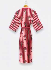 Bata tipo kimono con estampado de palmeras a rayas rojas y blancas para mujer, manga tres cuartos, longitud completa, suave, informal, cierre con cordón para verano - Product Image 5