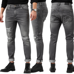 Luxury Men's Grey Stone Washed Denim Pants Featuring Heavyweight Cotton Fabric with Distressed Modern Casual Fashion Styling - Product Image 2