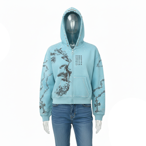 Sweat à capuche zippé boxy en molleton délavé pour homme, 400 GSM, avec motif graphique vieilli en strass, style streetwear - Product Image 5