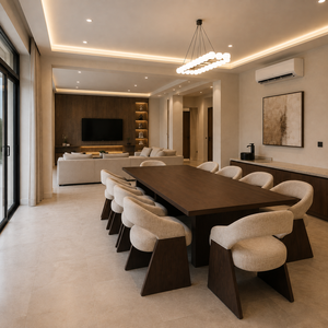 Ensemble de table à manger en bois massif de luxe avec chaises rembourrées, mobilier moderne et contemporain pour villa, hôtel, restaurant, café - Product Image 3