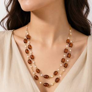 Collier personnalisé plaqué rhodium avec perle ovale en quartz fumé et perle d'eau douce, chaîne double couche, bijoux de mariée de luxe pour femme - Product Image 1