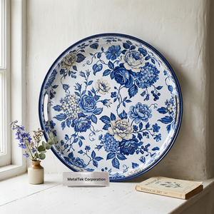 Plateau de service rond décoratif à motifs floraux avec poignées, design chinoiserie bleu et blanc vintage, plateaux en métal de haute qualité, grande taille - Product Image 2