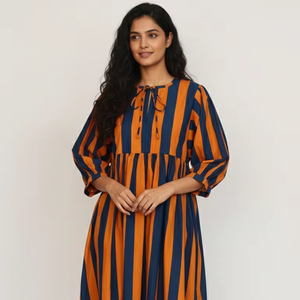 Vestido Mini Boho Floral Naranja y Azul para Mujer, 100% Algodón Natural, Cintura Ajustada, Lavable, Corte en A, Cómodo, Inspiración Étnica, Hecho a Mano, Otoño - Product Image 1