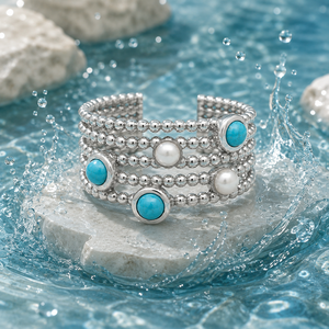 Bracelet en argent sterling 925 turquoise - Manchette à plusieurs rangs de perles avec perles - Product Image 3