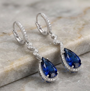 Blue Hydro Dangle Earrings 5 Inch Length Pear Cut with CZ 925 <b>Sterling</b> <b>Silver</b> 18K Gold Plated Statement Jewelry - Product Image 3