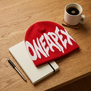 Red White Graphic Knit Beanie Hat Custom Logo Ribbed <b>Winter</b> <b>Cap</b> Unisex Streetwear Fashion Headwear Wholesale OEM Manufacturer - Product Image 5