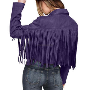 Purple Vintage Suede Fringe Tassel Crop Women's Breathable Autumn <b>Jackets</b> Boho <b>Western</b> Cowboy Style Long Sleeve Lapel Open Front - Product Image 4