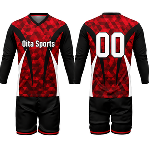 Ensemble de vêtements de sport pour hommes, uniforme de volley-ball sublimé rouge et noir, manches longues, polyester léger, vêtements de compétition pour équipe - Product Image 1