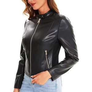 Veste moto en cuir PU noir pour femme, manches longues, fermeture éclair, col montant, coupe courte, style automne - Product Image 5