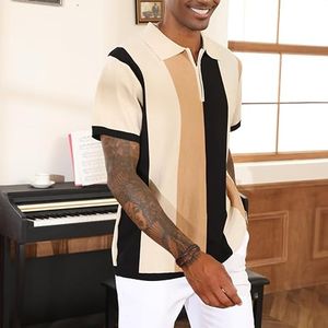 <b>Men's</b> Knitted Short Sleeve Polo Shirt Color Blocked Striped Casual Zipper Design Regular Fit - Product Image 3