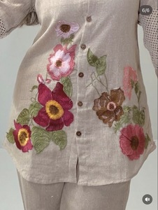 Conjunto Elegante de Dos Piezas para Mujer con Patrón Sólido, Camisa de Manga Tres Cuartos con Cuello Mandarín y Pantalones Anchos (100% Algodón Orgánico) Casual - Product Image 6