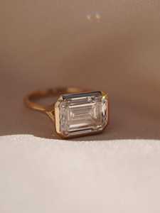 East West Bezel Set <b>Emerald</b> Cut Lab Grown Diamond <b>Ring</b> – 14K Solid Gold or Sterling <b>Silver</b>, IGI Certified - Product Image 3