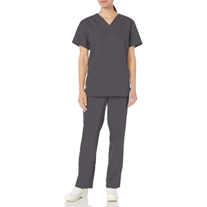 Conjunto de Uniforme Médico Unisex, Camiseta con Cuello en V y Pantalones, Color Gris, Tela de Algodón y Poliéster, SALAMONS WEARS DA-68, Detección de Agujas - Product Image 1