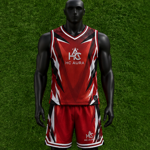 Ensemble d'uniformes de basketball unisexe très demandé, noir et rouge, sublimé, col en V, sans manches, anti-humidité, coupe athlétique, logo personnalisé - Product Image 1