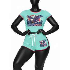 Conjunto de Camiseta y Pantalones Cortos para Mujer, Algodón, Poliéster, Elastano, Verde Menta, Ribete con Logotipo Estampado, Camiseta 100% Algodón, Conjunto de Pantalones Cortos - Product Image 1