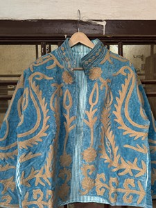 Elegant Sky Blue <b>Velvet</b> Embroidered Suzani <b>Jacket</b> Boho Stand Collar Full Sleeve Floral Hand Embroidery Autumn Outerwear - Product Image 2