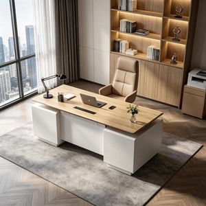 Bureau de direction en forme de L, réglable en hauteur jusqu'à 70,8 pouces, avec base de rangement double et cloison d'intimité, modèle D0100XFXRD7 - Product Image 1