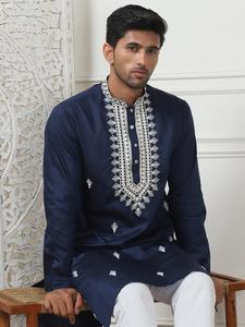 <b>Men's</b> Navy Blue Embroidered Kurta <b>Pajama</b> <b>Set</b> Traditional Indian Pakistani Ethnic Wear - Product Image 1