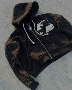 เสื้อสเวตเตอร์ผ้าเฟรนช์เทอร์รี่หนาแบบ500GSM กำหนดเองเสื้อกันหนาวปักลายซิปเต็มเสื้อแจ็คเก็ตมีฮู้ดประดับพลอยเทียม - Product Image 5