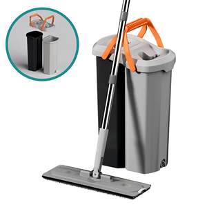 <b>Flat</b> <b>Mop</b> and Bucket Set with 2 Self Wringing <b>Mop</b> with Microfiber Pads 360° Rotating Handle Home Kitchen Bathroom & Office - Product Image 1
