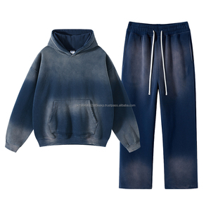 Ropa de calle de invierno de estilo americano algodón grueso Sun Faded Vintage Spray Dyeing Hoodies y pantalones de chándal Set para hombres niños Unisex - Product Image 6