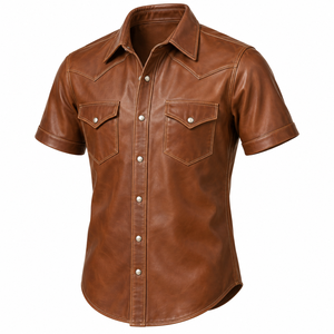 Men Brown Leather Western <b>Shirt</b> Short Sleeve Classic Point Collar Snap Button Front Two Flap Chest Pockets Vintage <b>Cowboy</b> Casual - Product Image 1