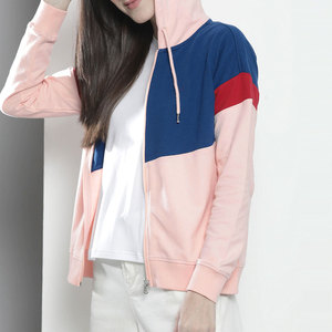 Sweat-shirt à capuche color block pour femme, manches longues, décontracté, fermeture éclair sur le devant, en tricot polyester-coton, pour l'automne, coupe courte - Product Image 4