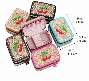Premium Turquoise Leather Western Style Floral Cherry Pattern Jewelry <b>Cases</b> Genuine Leather Women Ring Necklace Travel Organizer - Product Image 2