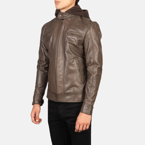 Top ajustado a la moda para hombre, Parka para motocicleta, chaqueta de cuero de vaca auténtica de invierno en verano, tela de lona con cuello levantado negro - Product Image 5