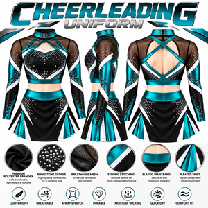 WARPRO Cheerleading Uniform Set Purple <b>Black</b> White Rhinestone <b>Long</b> <b>Sleeve</b> <b>Crop</b> <b>Top</b> Skirt Spandex/Polyester Sublimation Transfer - Product Image 3