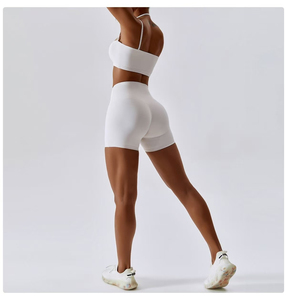 Women's <b>White</b> Seamless Yoga Set 2 Piece Halter Crop <b>Top</b> High Waist Shorts Workout Outfit - Product Image 3
