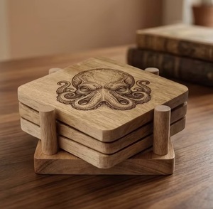 Juego de Posavasos Cuadrados de Madera con Diseño de Pulpo, Rústicos, Hechos a Mano, Antideslizantes, 6 mm de Grosor, 10 cm de Diámetro, Arte con Cuentas - Product Image 1
