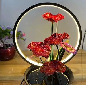 Fuente de Agua con Anillo LED Metálico, Hoja de Color Granate, Tres Niveles, Loto, para Oficina, Hogar y Dormitorio - Product Image 3