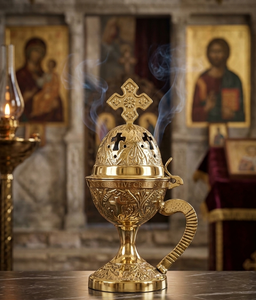 Brûleur à charbon en laiton massif fait main avec motif en relief, encensoir religieux catholique en laiton avec couvercle - Product Image 1