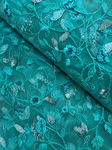 Luxury Cutdana Embroidery <b>Net</b> <b>Fabric</b> Royal Blue Sequin Beaded Tulle Mesh <b>Fabric</b> Exporter from India for Fashion Dresses - Product Image 6