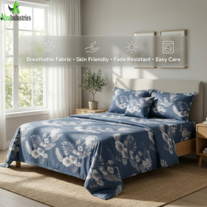 King Size Dark Blue Floral Bedsheet <b>Set</b> | Soft Cotton <b>Bedding</b> <b>Set</b> Pillow Covers Breathable & Lightweight Premium Bedroom Decor - Product Image 4