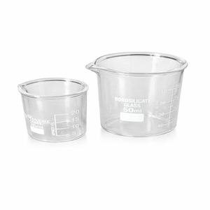 Bécher gradué en verre borosilicate transparent de laboratoire 25 ml et 50 ml, verrerie de laboratoire résistante à la chaleur, marque MAYALAB - Product Image 1