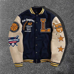 เสื้อแจ็คเก็ต Letterman แขนหนังผสมขนสัตว์สำหรับผู้ชาย ยี่ห้อ Manufacturer Varsity สไตล์วินเทจ สตรีทแวร์ สำหรับฤดูหนาว แบบเรียบๆ ติดกระดุม - Product Image 4
