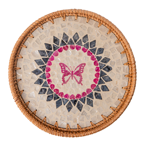 Hermosa Bandeja Redonda de Ratán con Mosaico de Conchas Marinas, Bandeja Decorativa con Diseño de Mariposas, Cesta de Almacenamiento para Mesa de Centro, Venta al por Mayor - Product Image 1