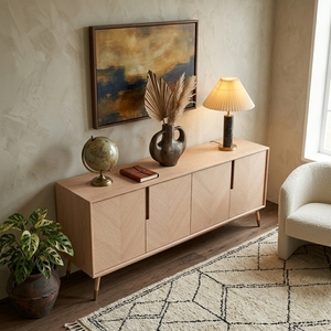 Buffet scandinave en chêne clair avec incrustations Chevron, meuble TV 4 portes, console multimédia, meuble d'entrée, salon - Product Image 4