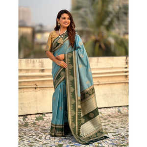Traditional Zari Contrast Woven Saree Soft Silk Baby Blue <b>Club</b> <b>Dress</b> with Elegant Style - Product Image 1