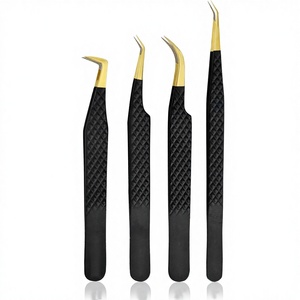 Pinzas para pestañas con punta de fibra de acero inoxidable de Color negro y dorado, Juego de 4 pinzas para extensión de pestañas de alta calidad hechas a medida - Product Image 1