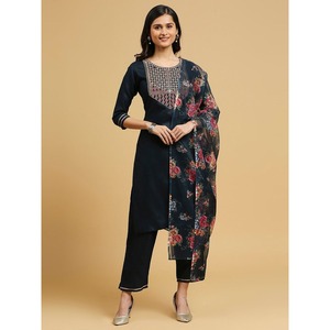 DISEÑADOR ORGANZA BORDADO SECUENCIA TRABAJO TOP BOTTOM CON IMPRESIÓN DIGITAL DUPATTA TEAL - Product Image 1